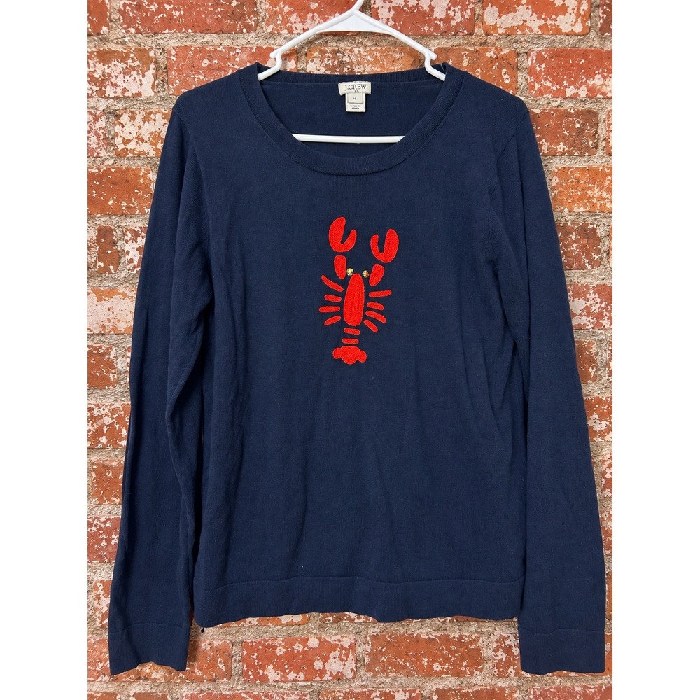 J.Crew Navy Blue Cotton Lobster Embroidered Sweater XL Nautical Costal Preppy
